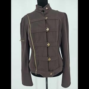 Walter Brown Womens Moto Jacket 12 Brown Gold Buttons Blazer Zipper Cuffs